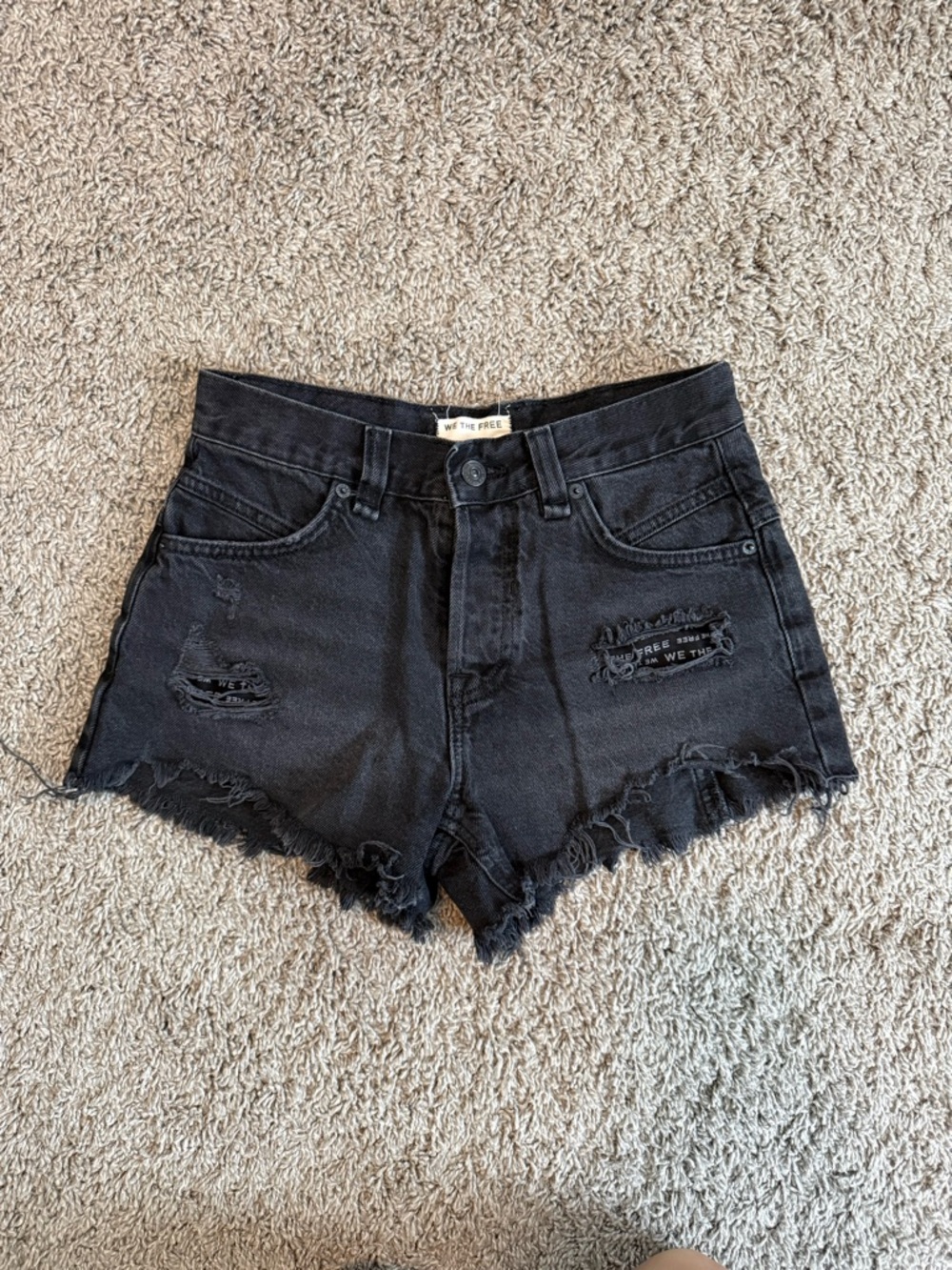 Free People Black Distressed Frayed Hem Denim Shorts